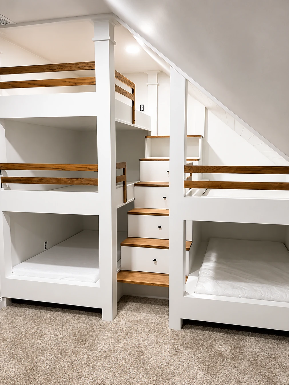 Built-in bunk beds with drawers set into the stairs