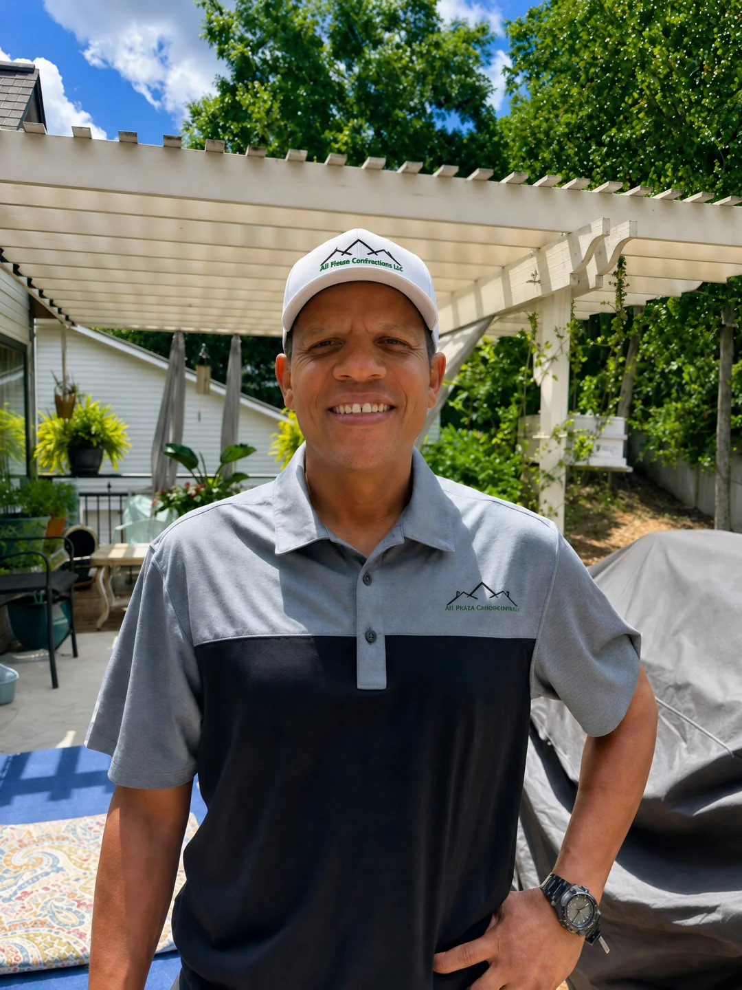 Jomo York, owner of All Phase Contractors, standing on a pergola deck he built